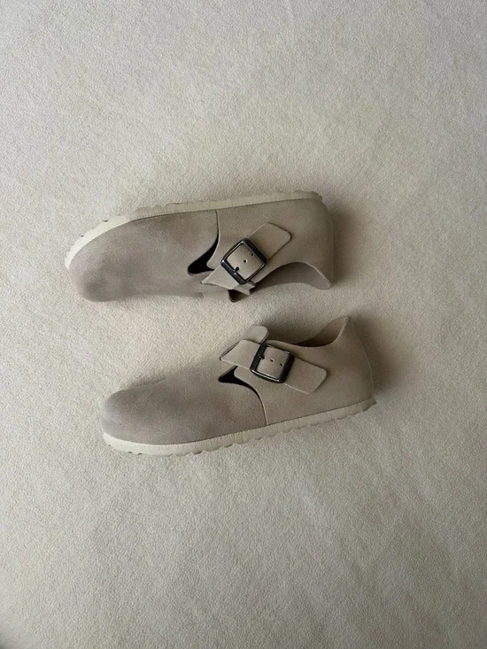 Birkenstock London Beige Suede Clog with Buckle - Picture 1 of 9